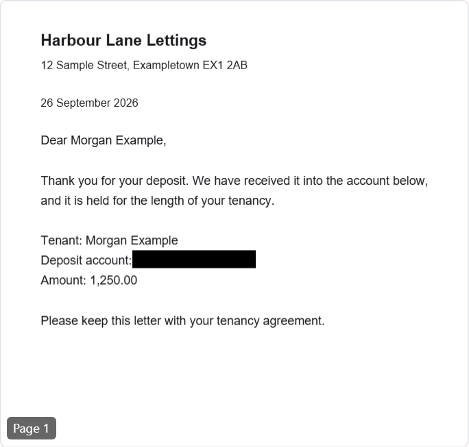 A letter from Harbour Lane Lettings. The deposit account number is hidden under a black rectangle; the tenant's name is visible.