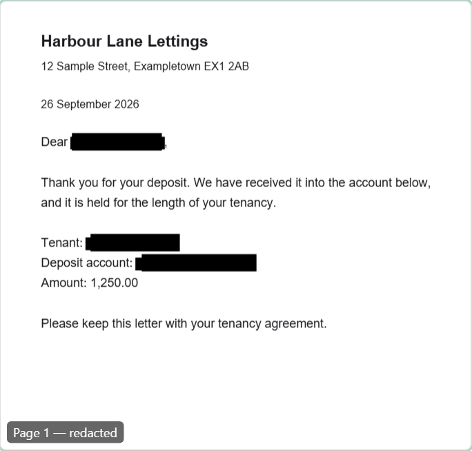 The same letter after RedactDrop: the tenant's name in both places and the account number are black bars.