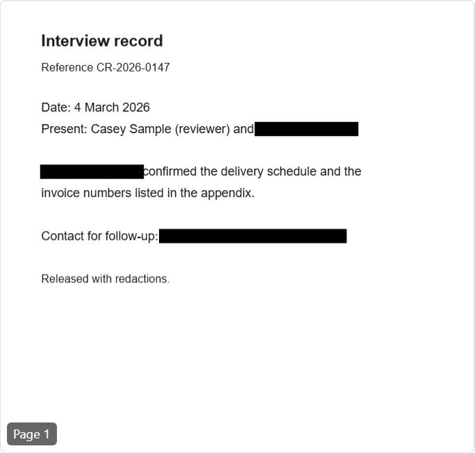 An interview record with three black rectangles: over a name in the Present line, over the same name at the start of the next paragraph, and over the contact email address.