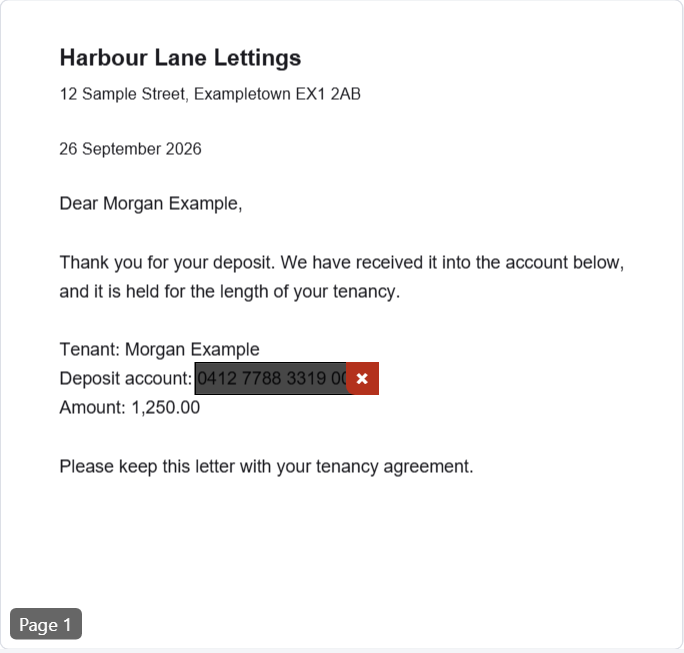 A letter on the redaction page with a box drawn over the deposit account number, before the redaction is run.