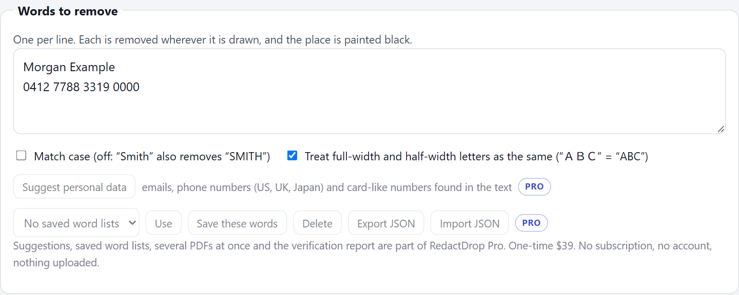 The Words to remove box on RedactDrop's redaction page, with a name and an account number typed in, one per line.