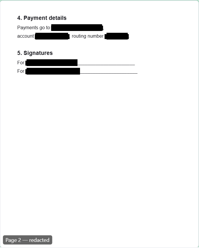 Page two of a redacted services agreement: the supplier's name, the account number and the routing number under Payment details, and both parties' names under Signatures, are black bars.