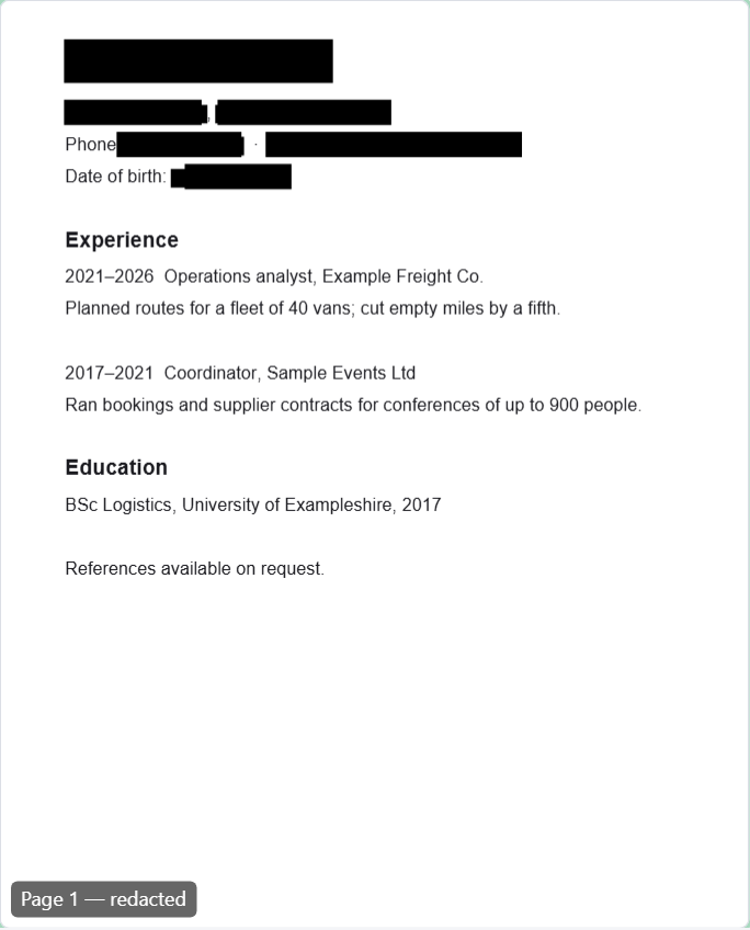 A redacted resume: the name, street address, town, phone number, email address and date of birth are black bars; the experience and education sections are unchanged.