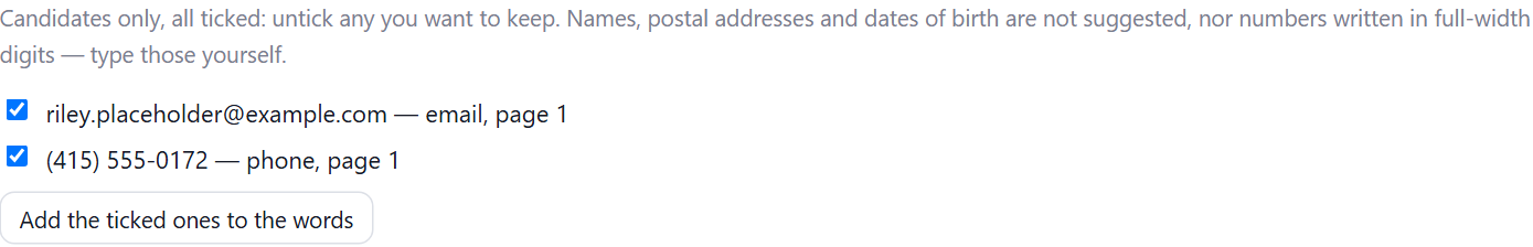 The suggestions for the resume, under a note that names, postal addresses and dates of birth are not suggested: the email address and the phone number, both ticked, and a button to add the ticked ones to the words.