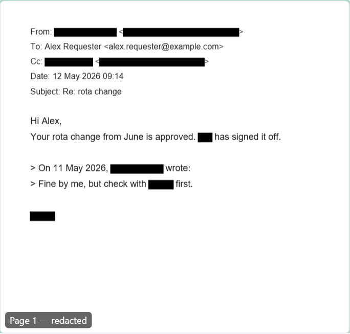 The redacted thread: black bars over Jamie's and Pat's names and addresses, over Pat in the body, over Pat Manager in the quote line, over Jamie in the quote and in the sign-off. Alex's name and address are still there.