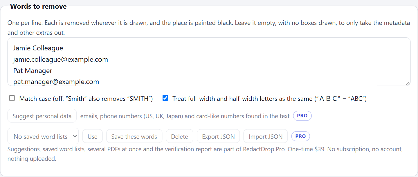 The words box on the redaction page listing Jamie Colleague, jamie.colleague@example.com, Pat Manager, pat.manager@example.com, Jamie and Pat, one per line.